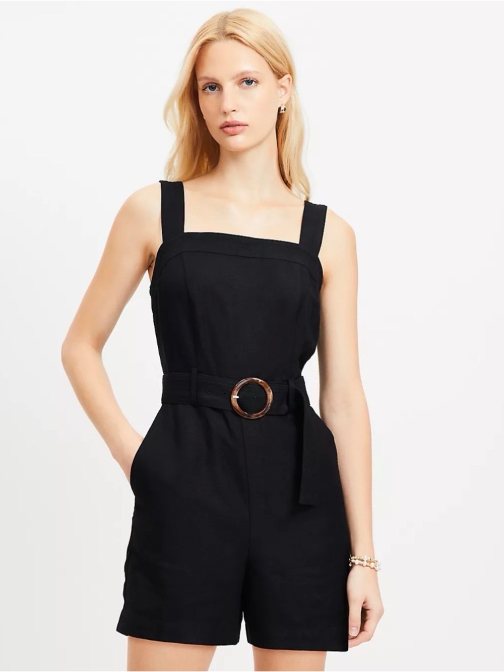 Belted Linen Blend Strappy Romper